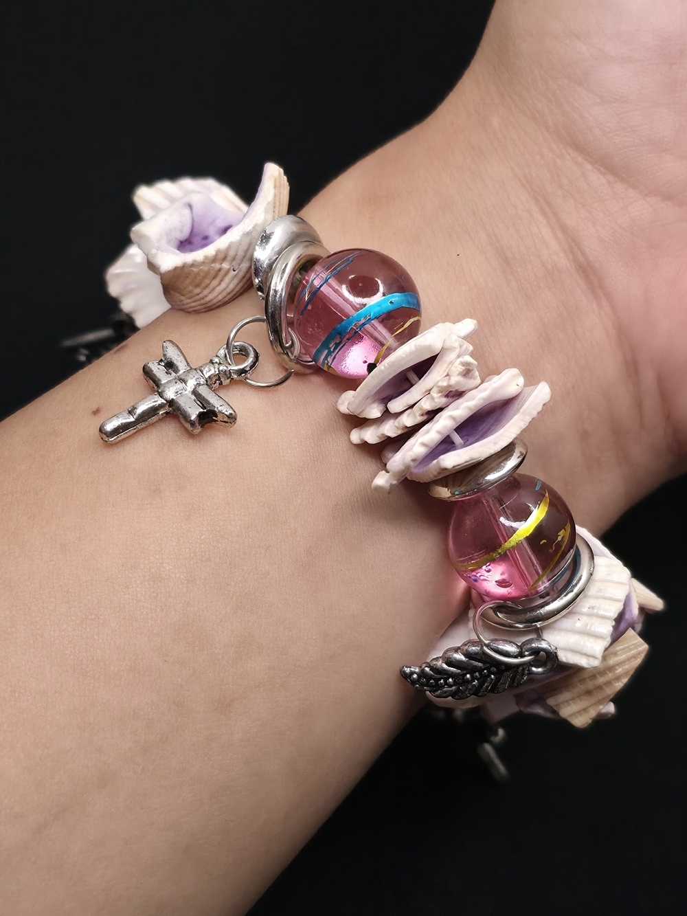 Handmade Chunky Ocean Shell & Pink Glass Bead Charm Stretch Bracelet Beach Boho